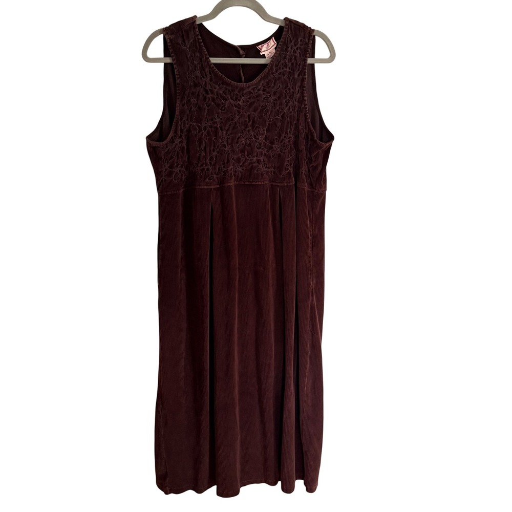 April Cornell Brown Corduroy Embroidered Jumper Dress XL Sleeveless Midi Fall
